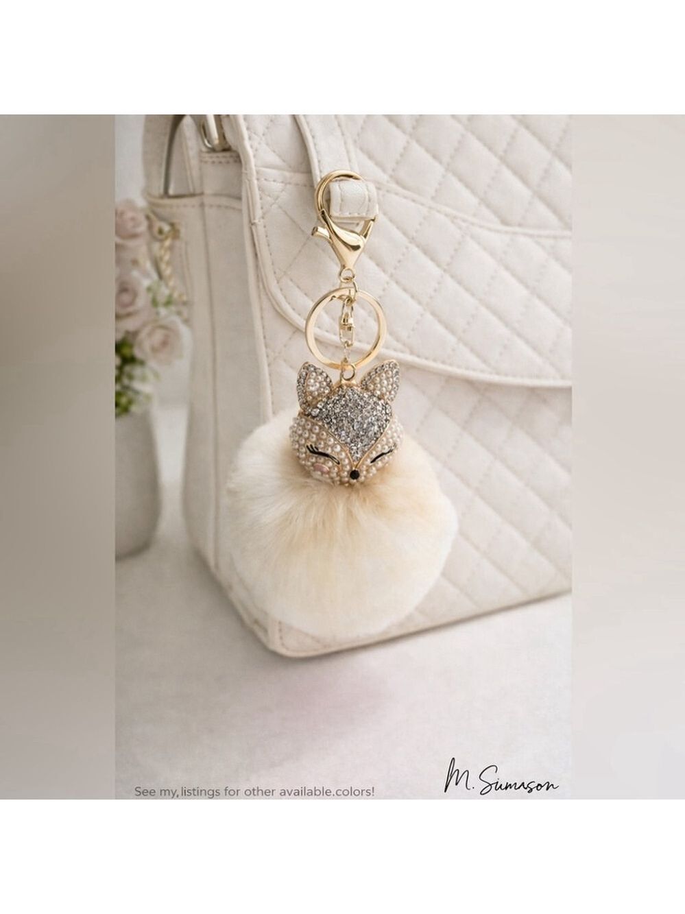 NEW Fluffy Fox Bag Charm Keychain - Cream - Pearl & Rhinestone Pom Accessory NWT